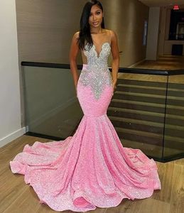 Luxury Pink Sequin Mermaid Long Prom Party Dress 2024 For Black Girl Sheer Neck Beads Crystals Birthday Gowns Formal Evening Dreses Robe De Soiree