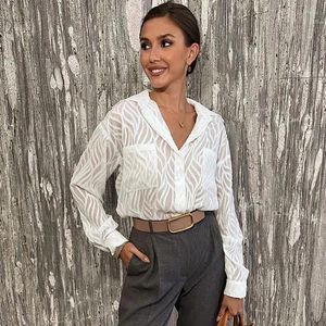 Blusas femininas cinessd 2023 outono transparente fino elegante de alta qualidade camisa sensível solto cardigan manga longa breasted topo