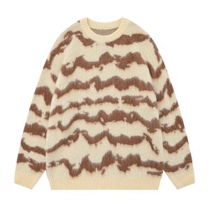 Printed Striped Loose Thick Sweater Man O-Neck Collar Full Sleeve Casual Knit Warm High Street Tops Autumn Winter