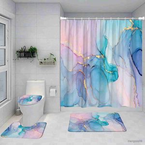 Shower Curtains Blue Marble Shower Curtain Set Gold Crackle Geometric Modern Home Bathroom Decor Floor Rug Bath Mats R231101