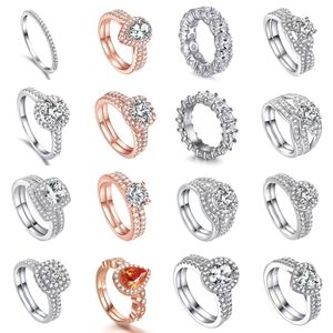 Conjunto de anéis de noivado de casamento para mulheres casal quadrado cor prata anel de zircônia cúbica deslumbrante joias da moda