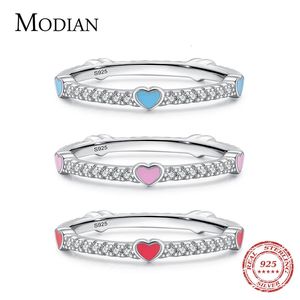 Solitaire Ring Modian 925 Sterling Gümüş Romantik 3 Renk Emaye Kalp Parmak Yüzükler için Kadınlar Sparkle Clear CZ Band Valentine S Day Hediye Anel 231101