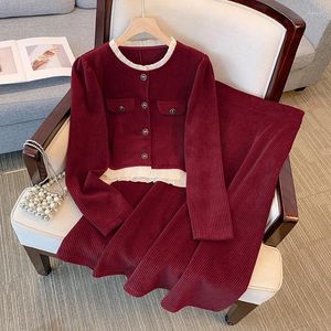 Two Piece Dress 2023 Fall Women Blazer Suit Sets Lace Splice O Neck CoatsTops And A-Line Skirts Femme High Street Y2K Outfits
