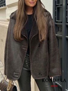 Женские куртки KONDALA Streetwear Коричневая кожаная куртка оверсайз с длинным рукавом на одной пуговице Толстые пальто Мода 2023 Винтажная верхняя одежда 231031