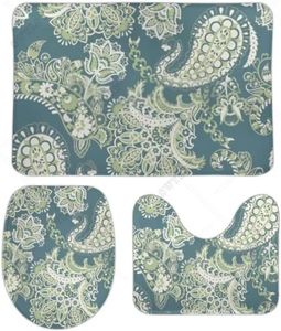 Tappetini da bagno Tappeti da bagno Set 3 pezzi Antiscivolo Assorbente Morbida microfibra Paisley Motivo etnico floreale Macchina blu