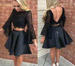 Party Dresses Black Two Pieces Cocktail Dress Lace Top Long Sleeves Holidays Wear Graduation Evening Pageant Gown Custom Made Plus Size