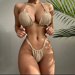 Kadın Mayo Seksi Dize Üçgen Bikini Takım Elbise 2023 Halter Mikro Tanga Mayo Kadınlar Katı 2 Parça bikini seti Banyo Biquinis