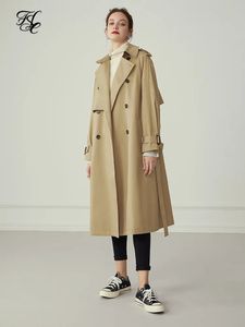 Trench da donna FSLE 100% cotone kaki Lungo trench da donna Autunno Inverno Colletto rovesciato Abbigliamento donna Trench a maniche lunghe causale 231031