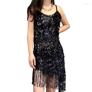 Vestidos casuais shinny mulheres sexy tassel beading lantejoulas deslizamento vestido clube festa dança roupas para cha rumba samba latino