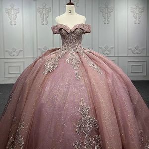 Lusso rosa lucido innamorato abiti stile quinceanera spalle scoperte abito da ballo corsetto festa di compleanno abito applique perline di pizzo abiti de 15