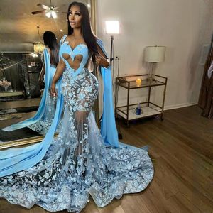 Sexig Sky Blue Prom -klänningar unika ärmar Beaded African Gala Dress Birthday Club Graducation Aftonklänningar Formell klänning Vestidos Robes De Second Reception