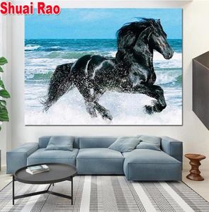 Praia cavalos pretos diamante bordado quadrado completo redondo 5d diy pintura diamante strass imagens mar animal painting4798439