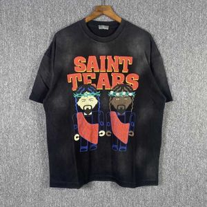 Saint Tears Cartoon Black and White Character Print Washable Old Unisex Crew Neck Short Sleeve T-shirt