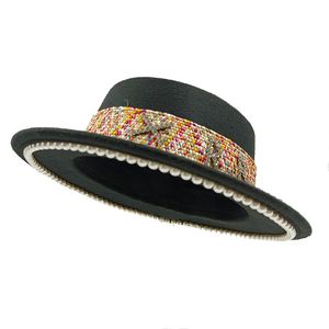Шляпы с широкими полями, фетровая шляпа-ведро с жемчугом, женская французская элегантная унисекс, осенне-зимняя плоская кепка с широкими полями в стиле джаз 231101