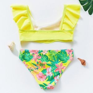 New 2022 Girls Swimsuit 5-14Y Swimsuit Ruffle Style Two Piece Children's Swimwear Yellow Floral Swimsuit For Girl Bathing Suit SwimTwo-Piece Suits girls ruffle