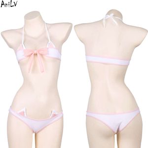 Ani verão praia anime lolita menina bonito gato rosa biquíni maiô roupa de banho unifrom lingerie feminina trajes cosplay cosplay