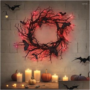 Dekorativa blommor kransar dekorativa blommor halloween krans bat svart gren kransar med rött LED -ljus 45 cm för dörrar fönster flo dhjj2