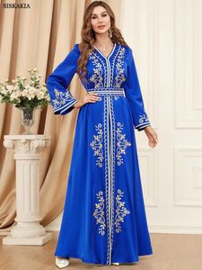 Roupas étnicas Siskakia Moda Mulher Muçulmana Abaya 2 Peça Conjunto Marroquino Caftan Sólido Bordado Manga Completa V-Pescoço Sashes Robe Turco