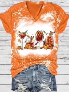 女性用Tシャツ2023秋のハロウィーンカボチャワイングラスブリーチドVネックTシャツティーファッショントップ