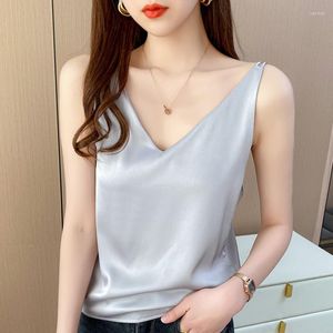 Women's Tanks Sexy V-neck Satin Tank Top Women 2023 Fashion Backless Solid Slim Silk Camis Tops Summer Elegant Lady Loose Casual Blouse