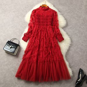 Spring Black / Red Panelled Tulle Dress Floral Lace Lantern Sleeve Stand Collar Midi Casual Dresses L2N242191