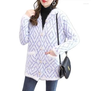 Suéteres femininos 2023 outono inverno camisola jaqueta mulheres cardigan de comprimento médio de malha overwear feminino vison casaco de lã com capuz tops senhoras