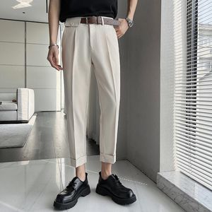 Мужские костюмы для ремня брюки мужчины Slim Fashion Social Mens Dress Британская повседневная прямая черная хаки бежевые брюки