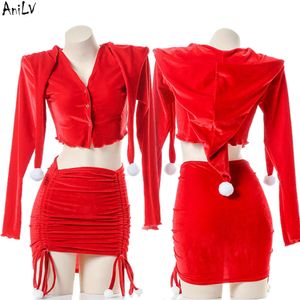 Ani Christmas Santa Claus Girl V-neck Long Sleeve Hooded Uniform Costume Women Xmas Red Drawstring Hip Skirt Pamas Cosplay