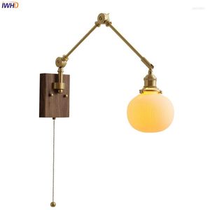 Wall Lamps IWHD White Ceramic Ball LED Light Fixtures Pull Chain Switch Copper Long Arm Left Right Rotate Nordic Modern Beside Lamp