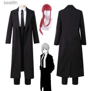 Anime-Kostüme, Anime-Ketten-Mann, Makima-Cosplay, schwarzes Grabenhemd, Krawattenhose, Makima-Perücke, langes hellrotes Geflecht, für Männer und Frauen, Anzug, Uniformen, L231101