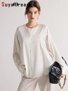 Женские блузки SuyaDream, женские рубашки в полоску из натурального шелка с круглым воротником, однобортный шикарный 2023, весна-лето, свободный белый топ