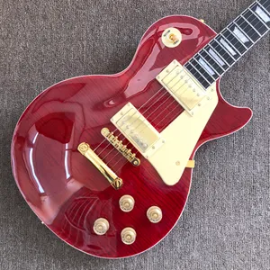 Custom shop, made in China, chitarra elettrica rossa di alta qualità, tastiera in palissandro, battipenna giallo, hardware dorato, spedizione gratuita