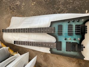 In Stock Green Flame Maple Top Trans Blue Gloss Black Headless Double Neck 6 Strings Electric Guitar + 4 Strings Electric Bass Black Hardware Tremolo Bridge