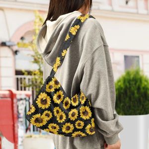 Evening Bags Women Plush Underarm Mini Sunflower Print Zipper Pattern Shoulder For Lady Simple Portable Daily Handbags
