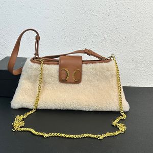 Hobo-Tasche für Damen, flache Tasche, Umhängetasche, Kettentasche, Unterarm-Umhängetasche, Einkaufstasche, Handtaschen, Herbst-Winter-Geldbörse aus Schafs-Lammfell, luxuriöse Achsel-Einkaufstasche, abnehmbare 2-Riemen-Hobos