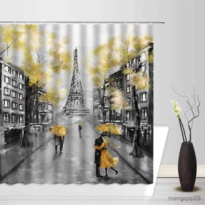 Shower Curtains Vintage City Scenery Shower Curtain Pink Rose Flower Painting Spring Bathroom Decor Waterproof Screen With R231101