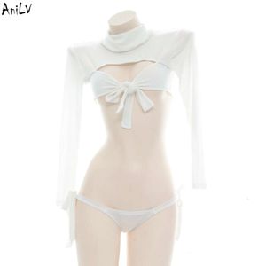 Ani Costume da bagno da donna Virgin Killer bianco lavorato a maglia Costume da spiaggia estivo a collo alto Pullover Costumi da bagno Festa in piscina Cosplay