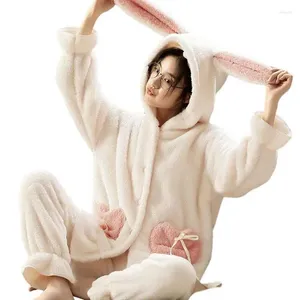 Kadınların pijama kış pijamaları kadınlar için sıcak kalınlaşmış pazen takım elbise sevimli kulak kapşonlu gece takım elbise ve kız
