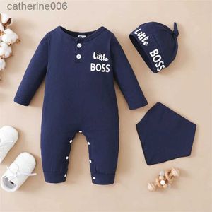 Macacões 3 pçs conjunto bebê menino carta impressa pouco manga longa macacão saliva toalha chapéu roupa para recém-nascido 0-9 meses l231101