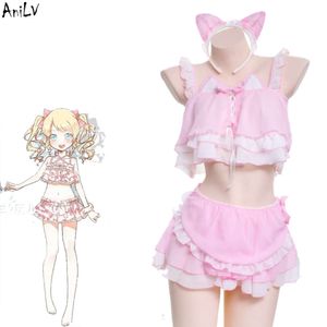 Ani Anime Lolita Katzen Mädchen Dienstmädchen Badeanzug Kostüm Niedliche rosa Katzenohren Bademode Uniform Pool Party Cosplay Cosplay