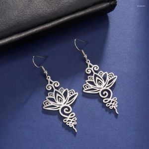Dangle Earrings Exquisite Vintage Stainless Steel Hollow Out Lotus Flower Drop Pendant Punk For Women Unique Buddhism Jewelry