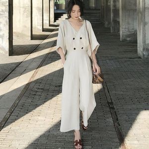 Women's Jumpsuits & Rompers Casual Simple Office Ladies Vintage Japan Style Plus Size Women Loose Wide Legs High Waist Plain Button Retro