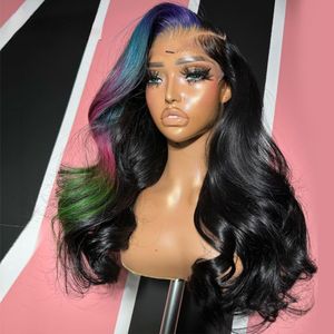 180 densidade onda do corpo rosa azul destaque perucas de cabelo humano 13x4 perucas frontais de renda transparente pré arrancadas peruca dianteira do laço sintético cosplay