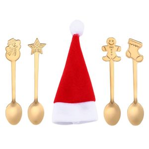 Cucchiai 5 pezzi Set natalizio creativo in acciaio inossidabile con sacchetto di stoviglie per ristorante di casa (4 dorati e 1
