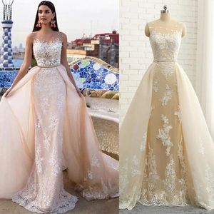 Vestidos Mermaid Wedding Dresses Boho de Boda Puff Jewel Party Gowns Sleeveless Neck Lace Applicques Bridal Tulle 328 328