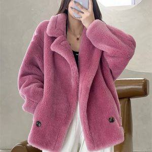 Pelliccia da donna Pelliccia sintetica ZDFURS* Cappotto di pelliccia invernale Vera lana Alpaca Cappotto di orsacchiotto Donna Giacca di pelliccia spessa Capispalla corto Lady Streetwear 231031