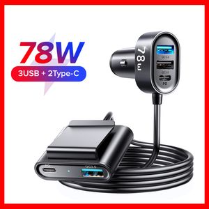 78W 5-in-1 Car Charger Fast USB C Car Charger PD 3.0 QC 4.0 3.0 PPS 25W Type C Multi Car Charger Adapter with 1.5m Cable Car-Charge Car-Charger Car Charging Quick Charge Free ship
