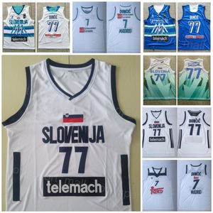 Slovenya Jersey 7 Luka Doncic 77 Basketbol Kolej Euroleague Avrupa Milli Takımı Nakış Ve Dikiş Üniversite Takımı Mavi Beyaz Nefes Alabilen Spor Gömlek