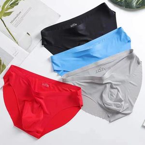 Underpants L-XXXL Ice Silk Briefs Homens Underwear Ultra-fino Sexy Cintura Baixa Sem Costura Calcinha Cor Sólida Masculino Plus Size