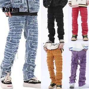 Erkekler kot kakan Avrupa ve Amerikan yama aşınma püskül deliği eklenmiş düz bacak denim pantolon K73 P090 231101